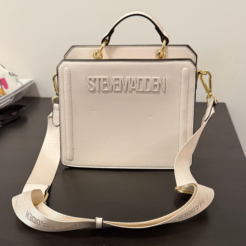 Steve Madden Ivory Top-Handle Satchel with Logo Strap